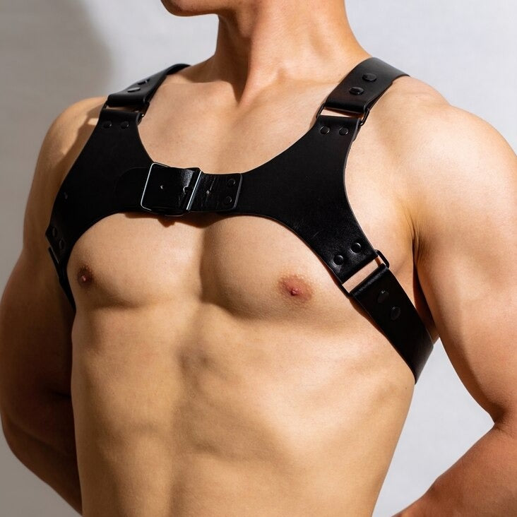 sexy gay man in Black Faux Leather Fetish Harness | Gay Harness- pridevoyageshop.com - gay men’s harness, lingerie and fetish wear