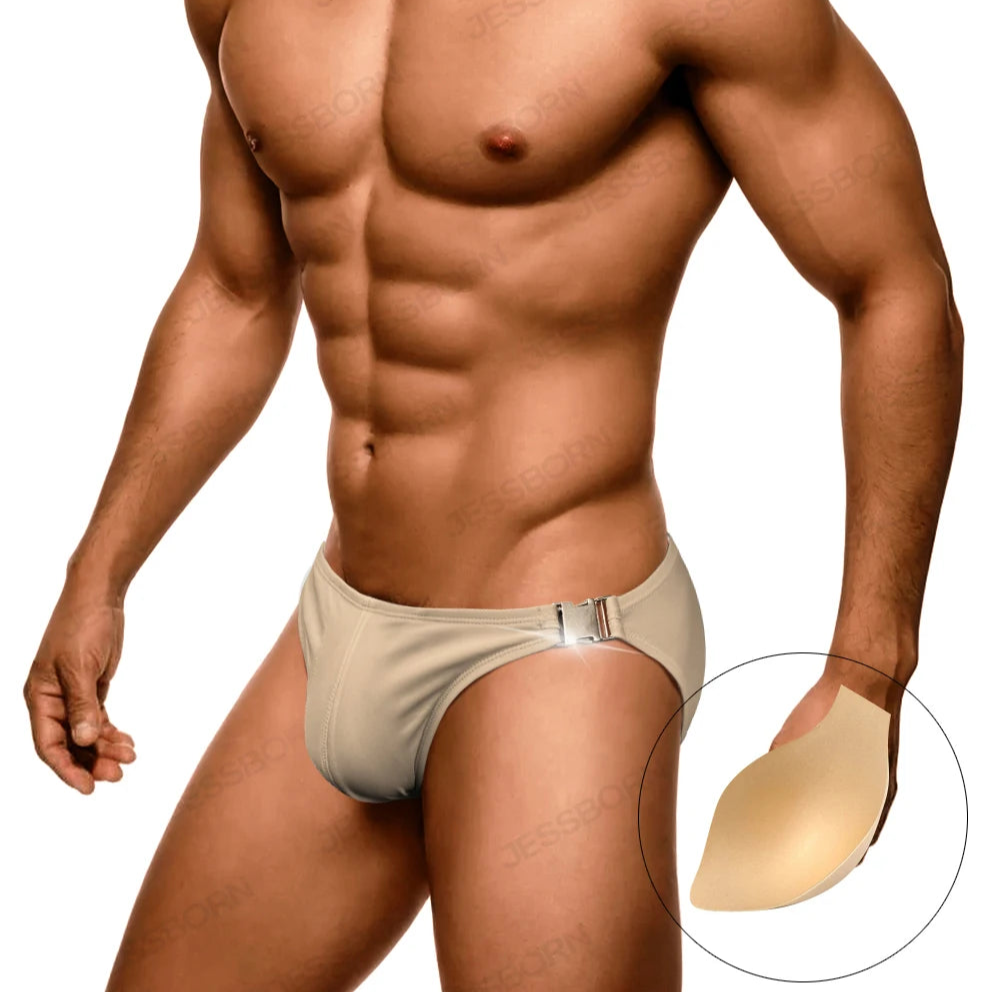 a sexy man in khaki Men’s Climax Buckle Bulge Swim Briefs with pad - pridevoyageshop.com - gay men’s sexy swim briefs, trunks, board shorts, and bikinis