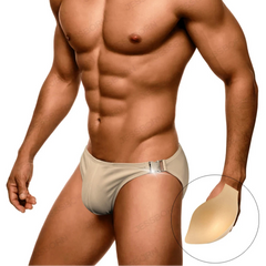 a sexy man in khaki Men’s Climax Buckle Bulge Swim Briefs with pad - pridevoyageshop.com - gay men’s sexy swim briefs, trunks, board shorts, and bikinis