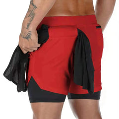 a muscle guy in red Men's Double Layered Hidden Pocket Workout Shorts - pridevoyageshop.com - gay men’s underwear and swimwear