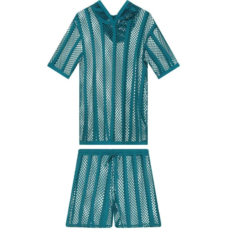 sky blue Men's Striped Hoodie Mesh Suit - pridevoyageshop.com - gay men’s underwear and swimwear