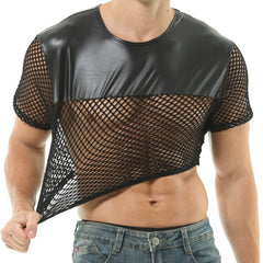 a hot gay guy in Men's Black PU Leather Fishnet Crop Top | Gay Crop Tops - pridevoyageshop.com - gay crop tops, gay casual clothes and gay clothes store