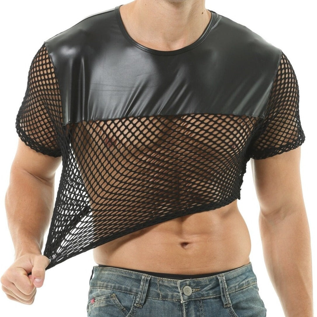 a hot gay guy in Men's Black PU Leather Fishnet Crop Top | Gay Crop Tops - pridevoyageshop.com - gay crop tops, gay casual clothes and gay clothes store
