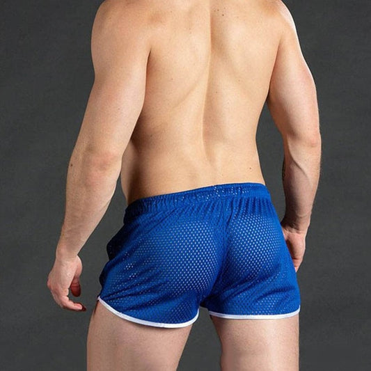 sexy gay man in blue Gay Shorts | Men's Sexy Mesh Workout Shorts - Men's Activewear, gym short, running shorts- pridevoyageshop.com