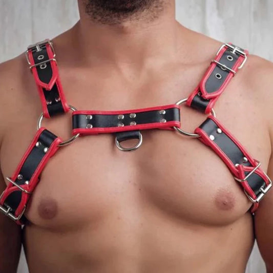 a man in Leather Red Bulldog Chest Harness: Men's Clubwear and Gay Lingerie - pridevoyageshop.com - gay men’s harness, lingerie and fetish wear