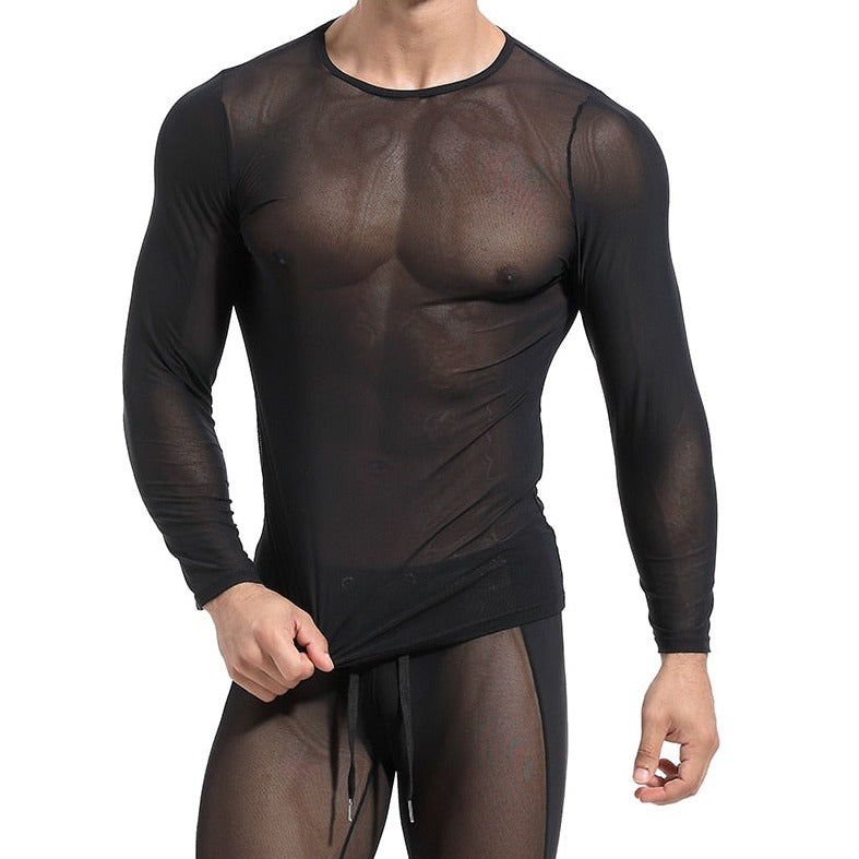 sexy gay man in black Gay Tops | Men's Ultra-thin Transparent Long Sleeve Top - pridevoyageshop.com - gay men’s gym tank tops, mesh tank tops and activewear
