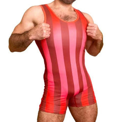 a sexy gay man red 80's Retro Striped Wrestling Singlets - Men's Singlets, Bodysuits, Rompers & Jumpsuits - pridevoyageshop.com