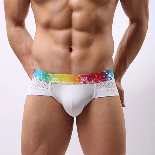 a hot man in white Gay Men's Rainbow Band Mesh Briefs - pridevoyageshop.com - gay men’s underwear and swimwear