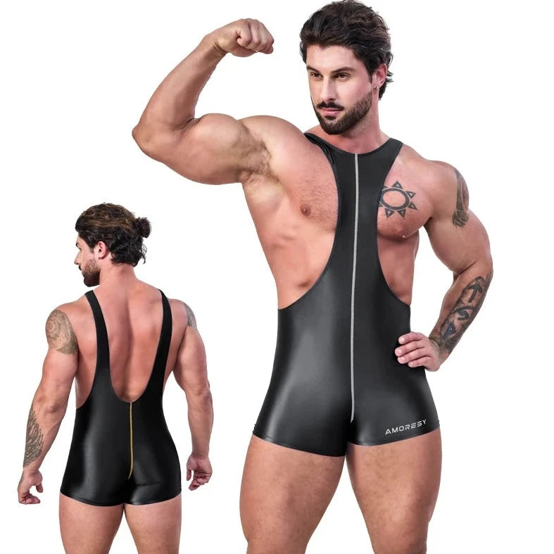 a sexy gay man in black Glossy Bodybuilder Singlets - Men's Singlets, Bodysuits, Rompers & Jumpsuits - pridevoyageshop.com