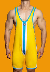 a hot gay man in yellow DM Striped Wrestling Singlet - Men's Singlets, Bodysuits, Rompers & Jumpsuits - pridevoyageshop.com