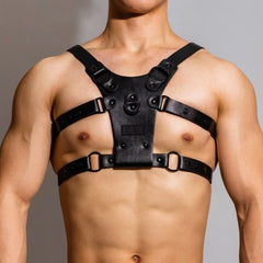 sexy gay man in Black Faux Leather Fetish Harness | Gay Harness- pridevoyageshop.com - gay men’s harness, lingerie and fetish wear