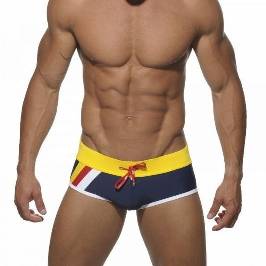 hot gay man in blue Gay Swimwear & Beachwear | Side Striped Square Cut Swim Trunks - pridevoyageshop.com - gay men’s underwear and swimwear