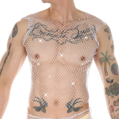 a hot gay man in white Mens Rhinestone Shiny Mesh Tank Top - pridevoyageshop.com - gay costumes, men role play outfits, gay party costumes and gay rave outfits