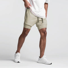 sexy gay man in Khaki Men's Built In Compression Workout Shorts | Gay Shorts - Men's Activewear, gym short, sport shorts, running shorts- pridevoyageshop.com