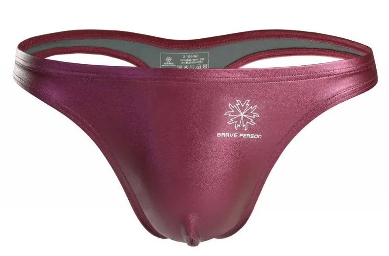 wine red Brave Person Gay Men's Metallic Thong - pridevoyageshop.com - gay men’s underwear and swimwear