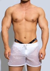 a hot gay man in White Men's See-Thru Strap Shorts - Men's Activewear, gym short, sport shorts, running shorts- pridevoyageshop.com