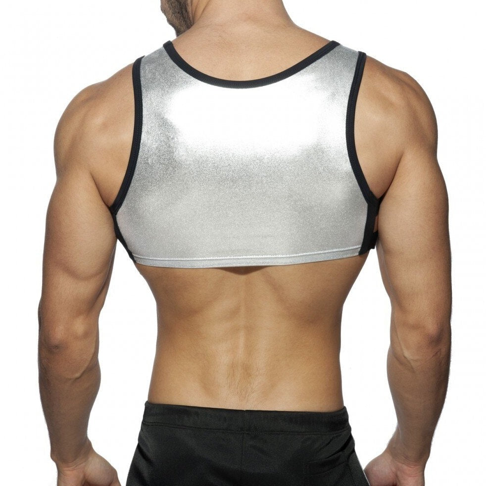 sexy gay man in silver gold Men's Metallic Chest Harness | Gay Harness- pridevoyageshop.com - gay men’s harness, lingerie and fetish wear