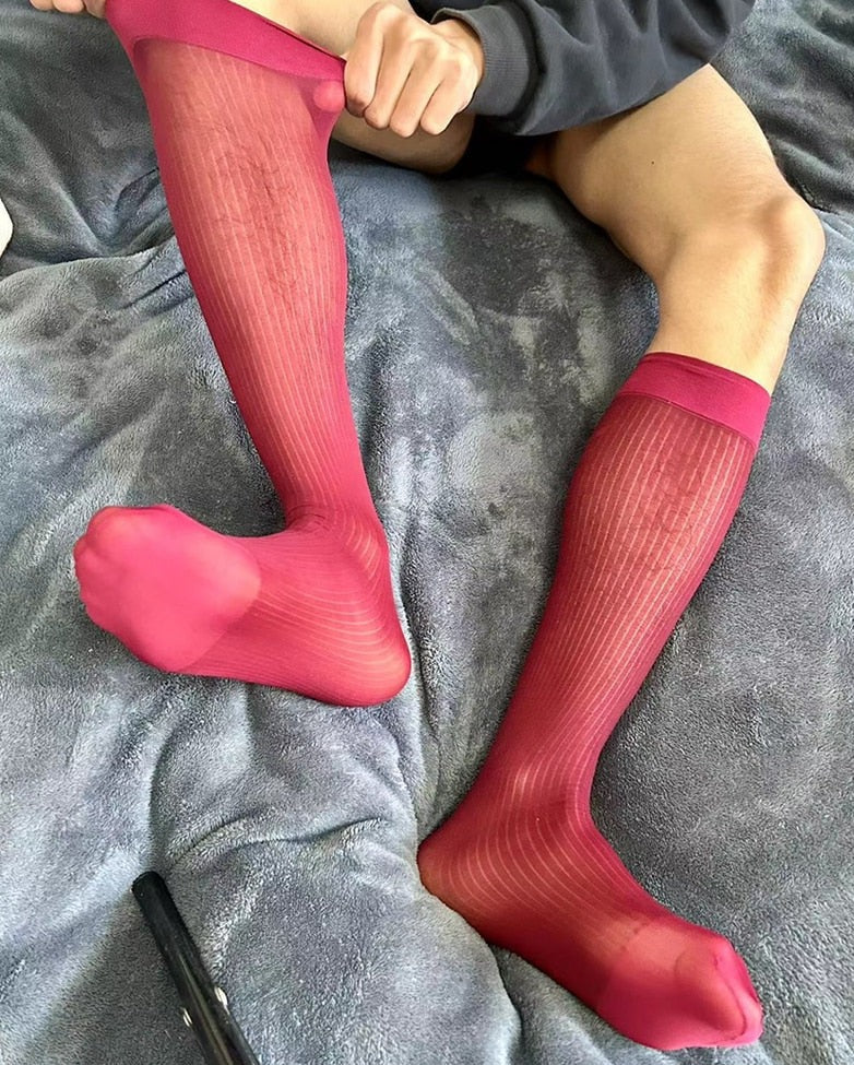 wine red Ribbed Sheer OTC Socks: Men's Sheer Dress Socks for the Sexy Gay Man- pridevoyageshop.com - gay men’s harness, lingerie and fetish wear