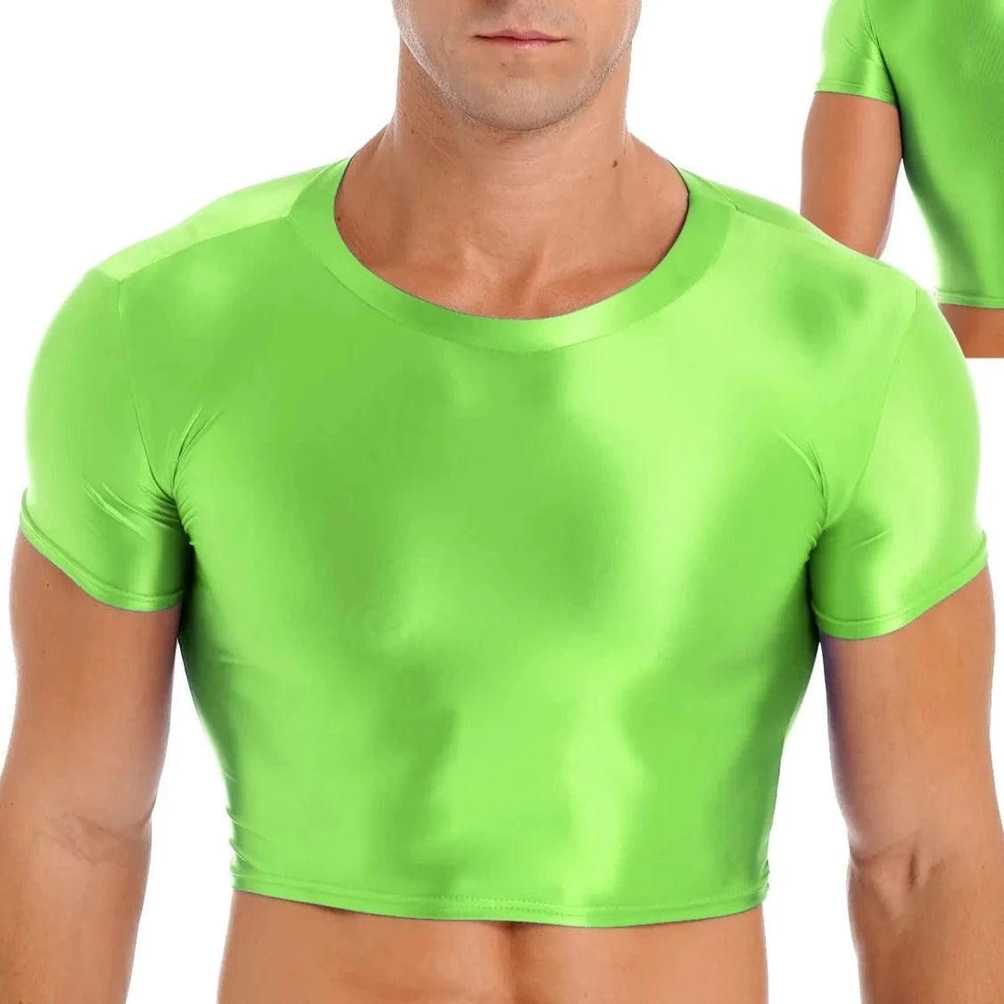 a hot gay guy in Fluorescent Green Men's Glossy Short Sleeve Sports Crop Top | Gay Crop Tops - pridevoyageshop.com - gay crop tops, gay casual clothes and gay clothes store