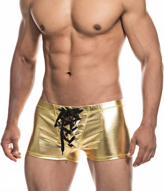 a hot gay man in gold Shiny Metallic Faux Leather Swim Trunks - pridevoyageshop.com - gay men’s underwear and swimwear