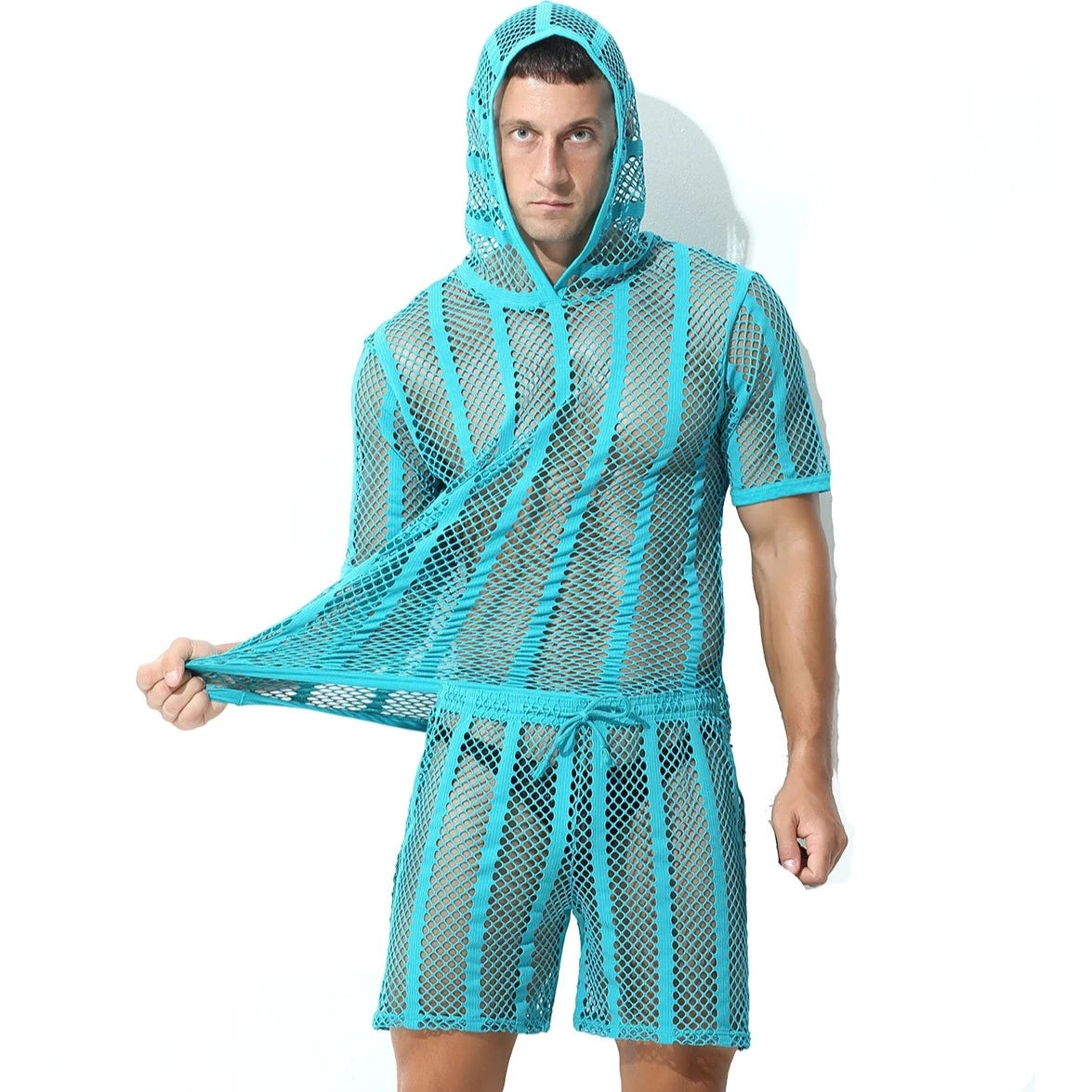 a hot gay man in sky blue Men's Striped Hoodie Mesh Suit - pridevoyageshop.com - gay men’s underwear and swimwear