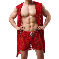 a hot man in red Lord Hooded Mesh Lounge Robe - pridevoyageshop.com - men's pajamas, men's loungewear, men's sleepwear