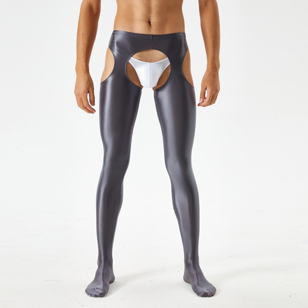 sexy gay man in gray Men's Shiny Metallic Crotchless Pantyhose | Gay Lingerie - pridevoyageshop.com - gay men’s bodystocking, lingerie, fishnet and fetish wear