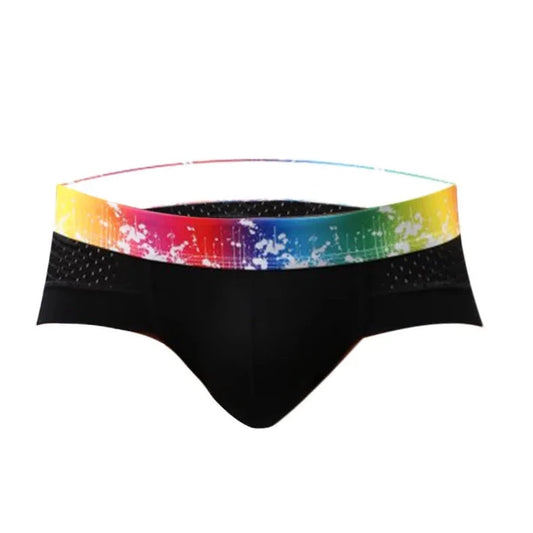 black Gay Men's Rainbow Band Mesh Briefs - pridevoyageshop.com - gay men’s underwear and swimwear
