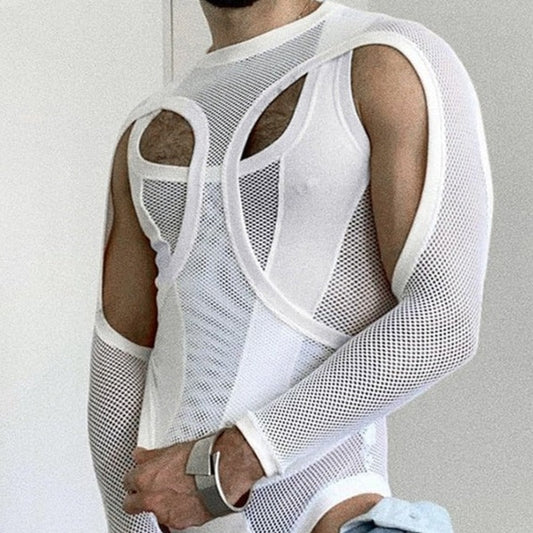 sexy gay man in white Gay Bodysuit and Singlet | Long Sleeve Elegant Mesh Bodysuits - Men's Singlets, Bodysuits, Leotard & Unitard - pridevoyageshop.com