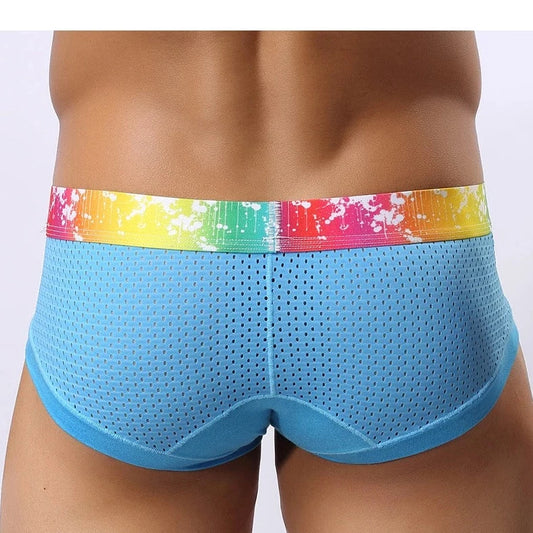 a hot man in sky blue  Gay Men's Rainbow Band Mesh Briefs - pridevoyageshop.com - gay men’s underwear and swimwear