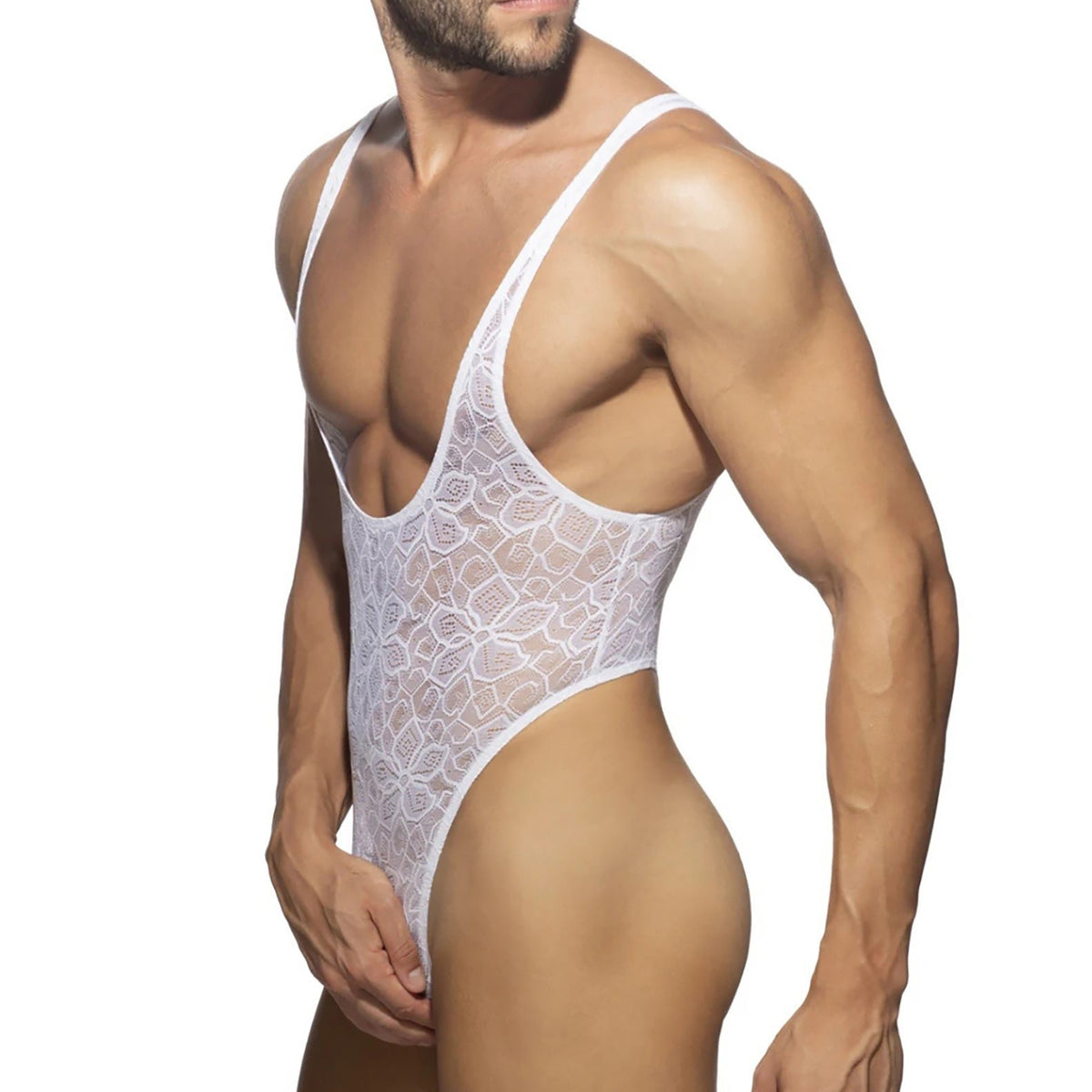 a hot gay man in white lace A Primal Lace Thong Bodysuit - Men's Singlets, Bodysuits, Leotard & Unitard - pridevoyageshop.com