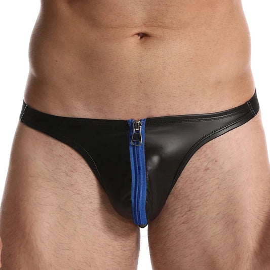 a hot gay man in blue Daddy's Faux Leather Zipper Thong - pridevoyageshop.com - gay men’s underwear and swimwear