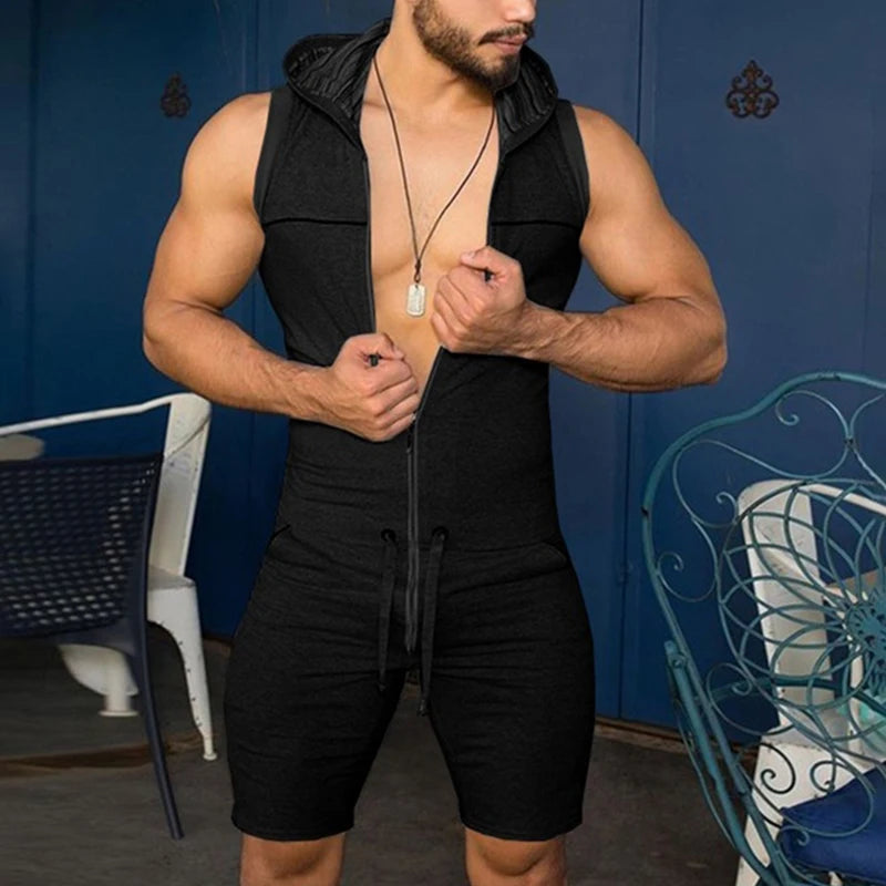 a hot daddy in black Men's Zip Up Hooded Muscle Onesie - pridevoyageshop.com - gay men’s underwear and swimwear