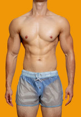 a hot gay man in Blue Men's See-Thru Strap Shorts - Men's Activewear, gym short, sport shorts, running shorts- pridevoyageshop.com