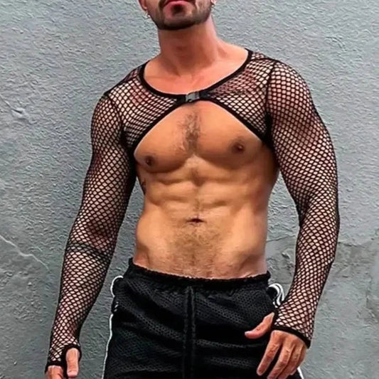 a hot gay guy in Men's See Through Fishnet Long Sleeve Crop Top | Gay Crop Tops - pridevoyageshop.com - gay crop tops, gay casual clothes and gay clothes store