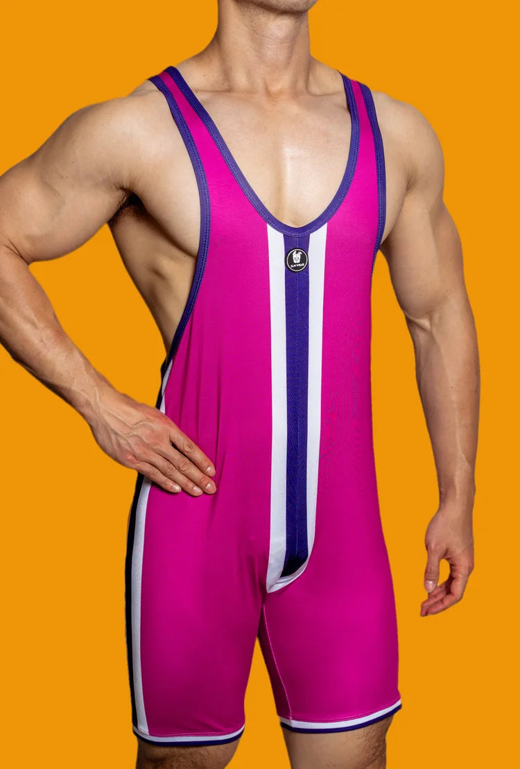 a hot gay man in Rose Red DM Striped Wrestling Singlet - Men's Singlets, Bodysuits, Rompers & Jumpsuits - pridevoyageshop.com