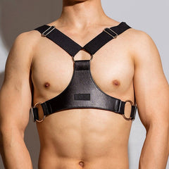 sexy gay man in Black Faux Leather Fetish Harness | Gay Harness- pridevoyageshop.com - gay men’s harness, lingerie and fetish wear