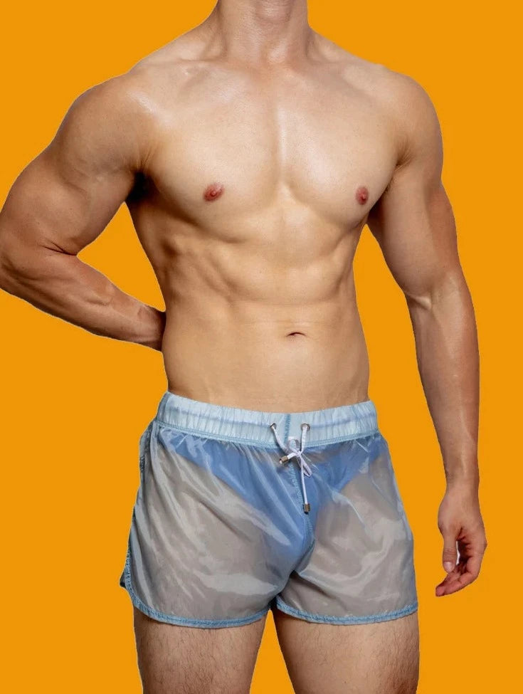 a hot gay man in Blue Men's See-Thru Strap Shorts - Men's Activewear, gym short, sport shorts, running shorts- pridevoyageshop.com