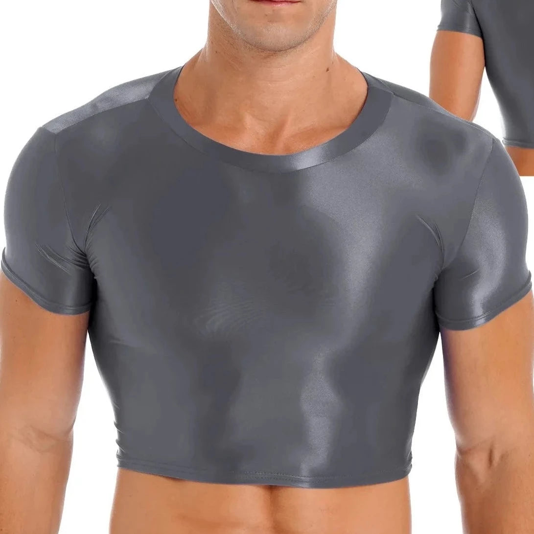 a hot gay guy in gray Men's Glossy Short Sleeve Sports Crop Top | Gay Crop Tops - pridevoyageshop.com - gay crop tops, gay casual clothes and gay clothes store