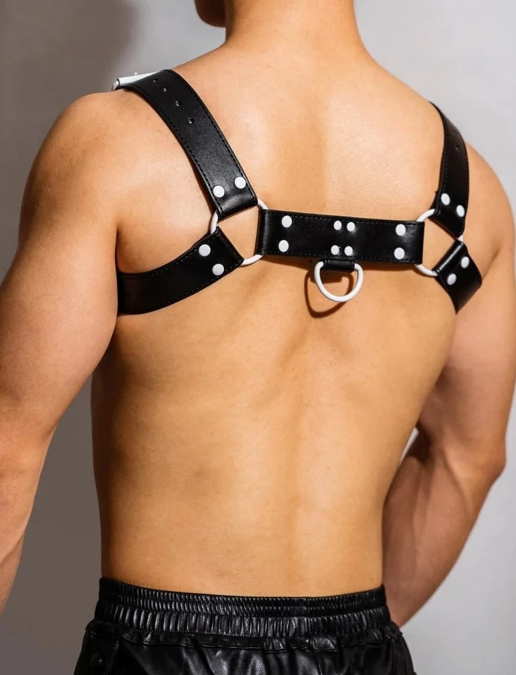 back of black Adjustable Chest Harness: Men's Clubwear and Gay Lingerie