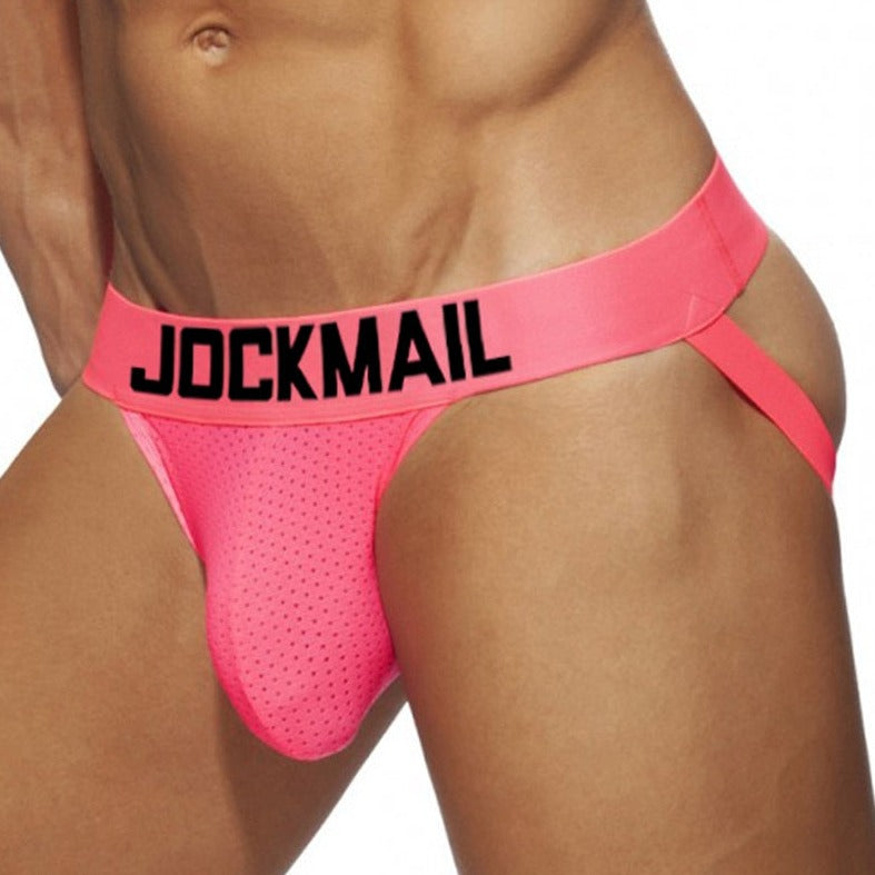 hot gay man in rose red Jockmail Men's Neon Party Jockstrap- pridevoyageshop.com - gay men’s underwear and swimwear