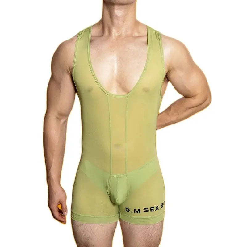 a sexy gay man in army green DM Sexy Boy See Through Singlet - Men's Singlets, Bodysuits, Leotard & Unitard - pridevoyageshop.com