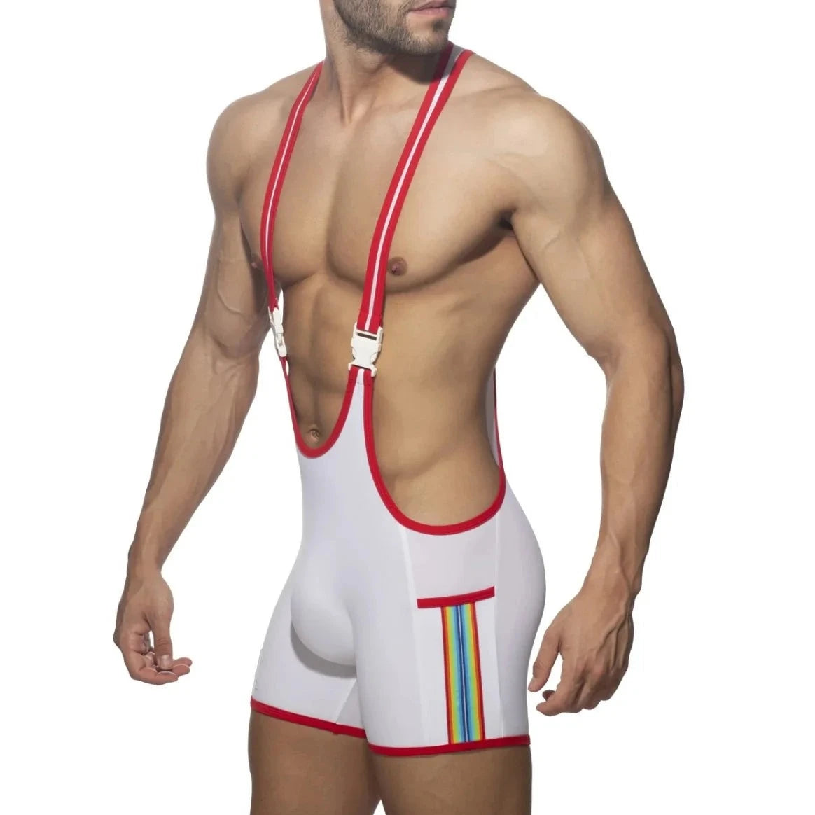 a sexy man in white Rainbow Tape Buckle Workout Singlet - Men's Singlets, Bodysuits, Leotard & Unitard - pridevoyageshop.com