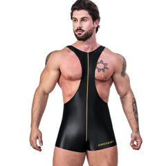 a sexy gay man in black Glossy Bodybuilder Singlets - Men's Singlets, Bodysuits, Rompers & Jumpsuits - pridevoyageshop.com