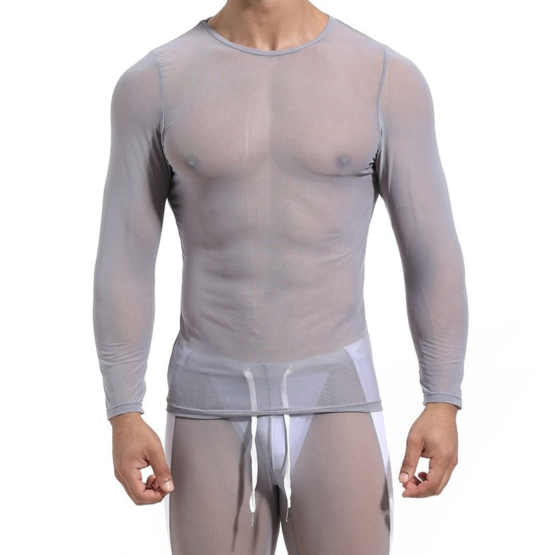 sexy gay man in gray Gay Tops | Men's Ultra-thin Transparent Long Sleeve Top - pridevoyageshop.com - gay men’s gym tank tops, mesh tank tops and activewear