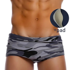 a hot gay man in gray Modern Camo Square Cut Swim Trunks - pridevoyageshop.com - gay men’s underwear and swimwear
