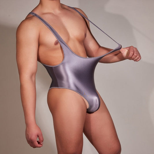 sexy gay man in dark gray Gay Bodysuit and Singlet | Men's Glossy High Elastic Bodysuit - Men's Singlets, Bodysuits, Leotard & Unitard - pridevoyageshop.com