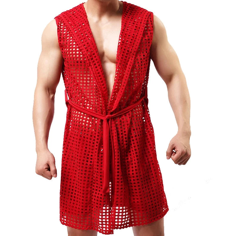 a hot man in red Lord Hooded Mesh Lounge Robe - pridevoyageshop.com - men's pajamas, men's loungewear, men's sleepwear