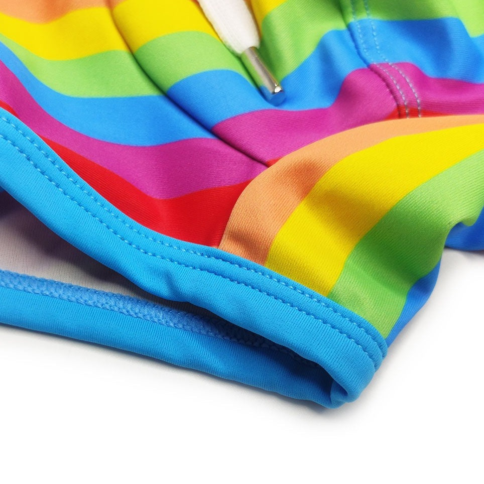 details of Gay Swimwear | Gay Men's Rainbow Drawstring Swim Trunks - pridevoyageshop.com - gay men’s underwear and swimwear