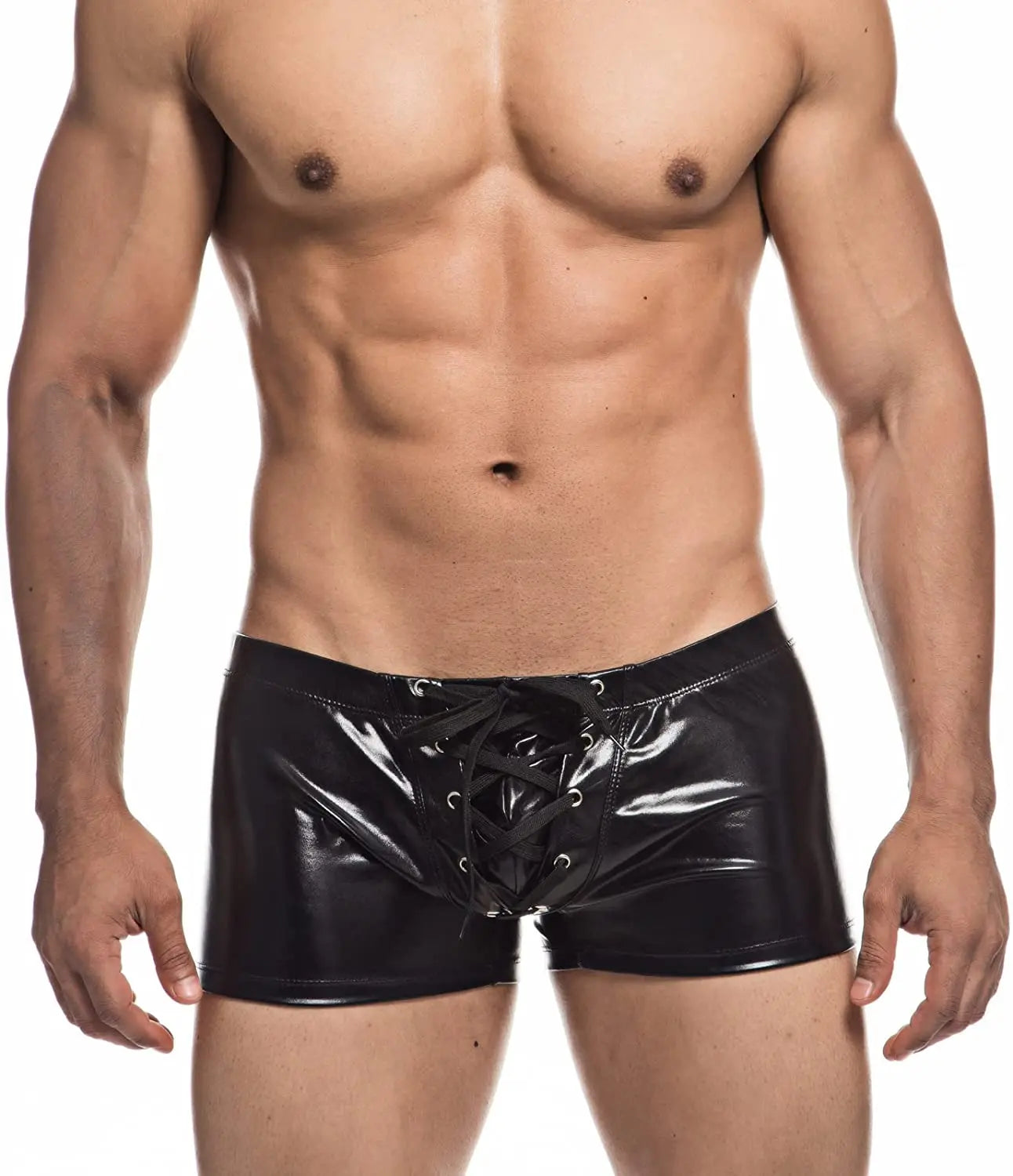 a hot gay man in black Shiny Metallic Faux Leather Swim Trunks - pridevoyageshop.com - gay men’s underwear and swimwear